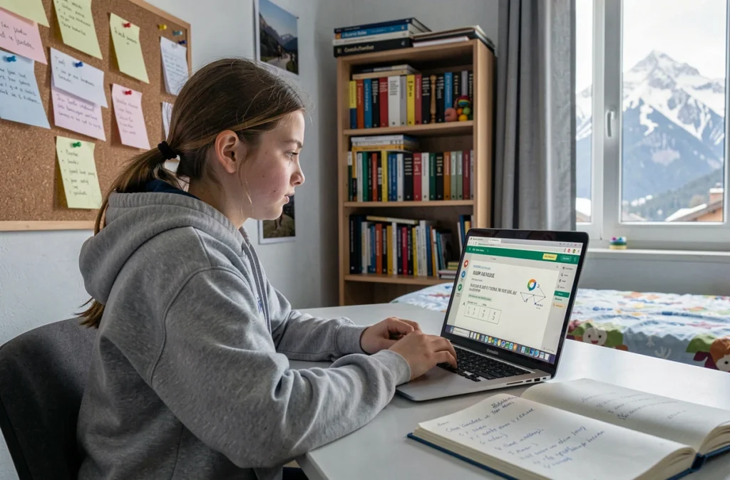 Une lycéenne d'Auvergne-Rhône-Alpes suit un cours en ligne sur la plateforme Kartable depuis sa chambre