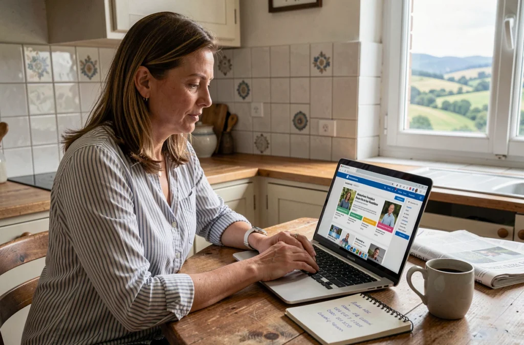 Une mère de famille consulte des annonces de cours particuliers en ligne dans sa cuisine en Auvergne-Rhône-Alpes