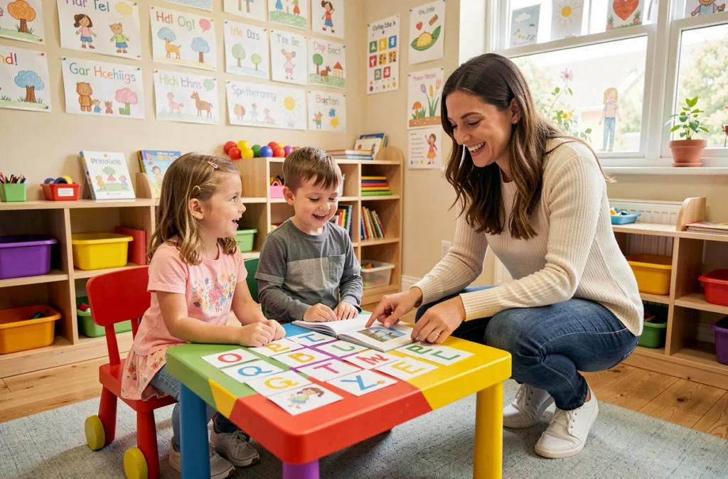 Enfants apprenant l'anglais avec une enseignante dans une classe colorée