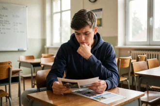 Lycéen STMG consultant des brochures d'orientation scolaire dans une salle de classe, réfléchissant à son avenir professionnel