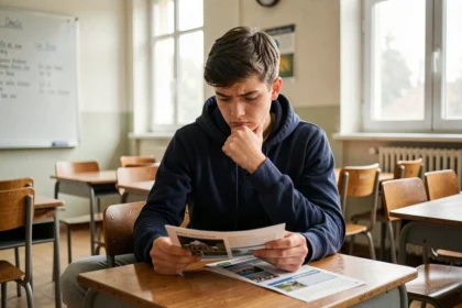 Lycéen STMG consultant des brochures d'orientation scolaire dans une salle de classe, réfléchissant à son avenir professionnel
