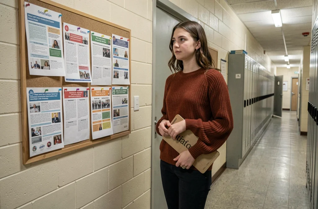 Lycéenne STMG hésitante devant le bureau du conseiller d'orientation, tenant un dossier de parcours scolaires dans le couloir du lycée