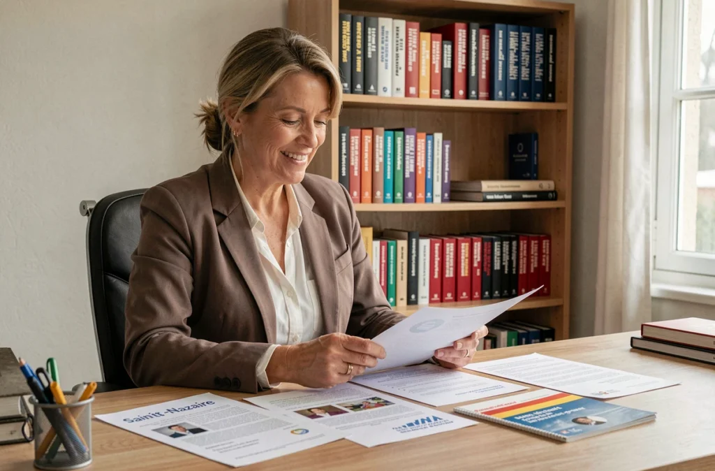 Formatrice indépendante Monika Marot à son bureau entourée de supports pédagogiques en anglais et allemand à Saint-Nazaire
