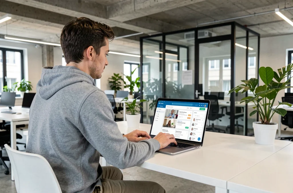 Jeune homme suivant un cours sur la plateforme OpenClassrooms depuis un espace de coworking moderne à Paris