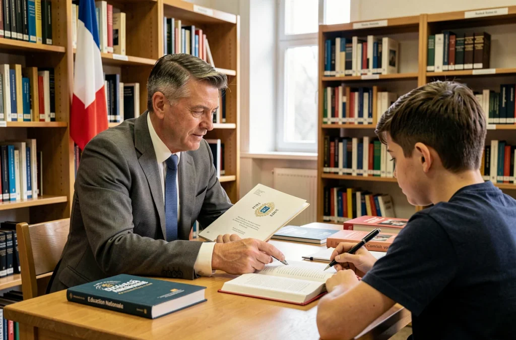 Un professeur certifié de l'Éducation nationale donne un cours particulier à un élève dans une bibliothèque en Auvergne-Rhône-Alpes