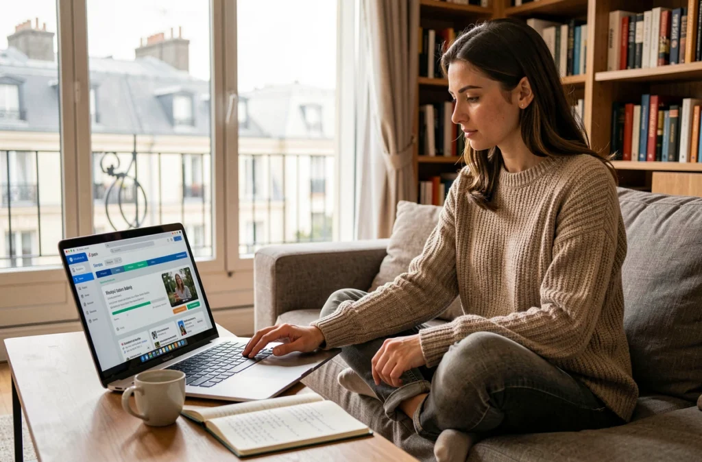 Femme suivant une formation à distance Studi sur son ordinateur portable depuis son appartement parisien