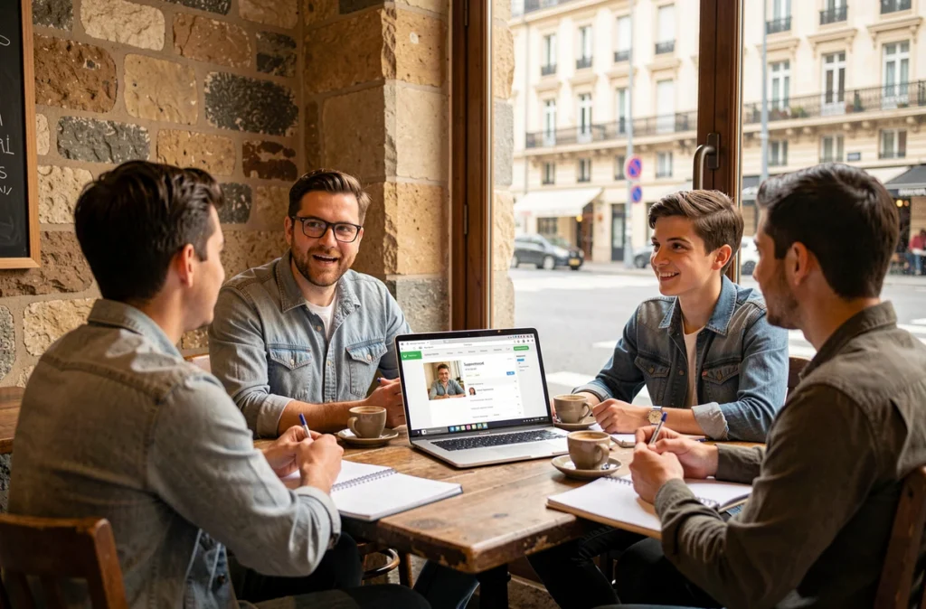 Un tuteur Superprof discute avec des étudiants dans un café de Lyon, ordinateur portable et notes sur la table