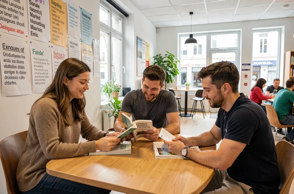 Étudiants adultes consultant des ressources linguistiques à L'Univers des Langues à Nantes